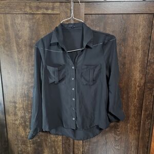 Mine Black 3/4 Sleeve Notched Collar Button Down Shirt
